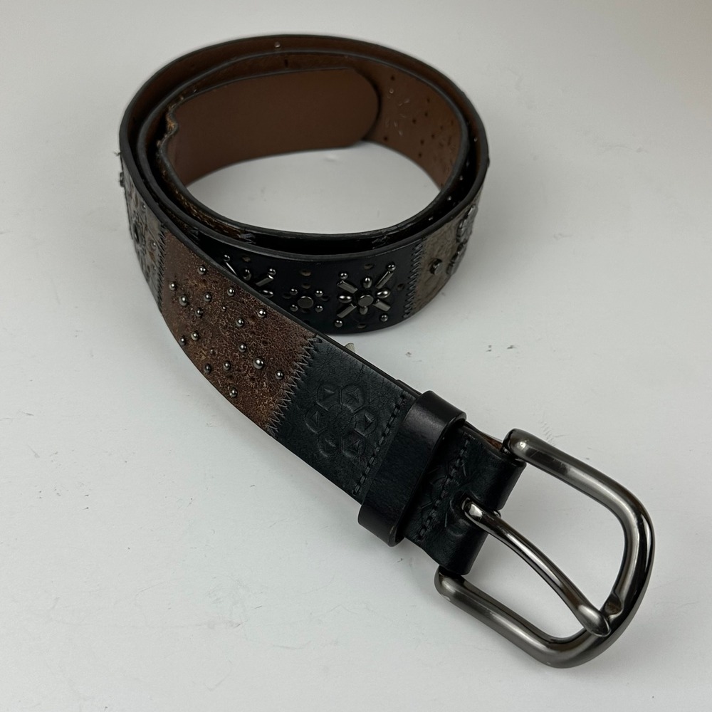 Fossil Leather Belt Large L Brown Black Patchwork Studded Western Boho Y2k